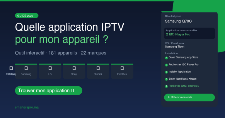 Outil interactif pour choisir son application IPTV selon l'appareil — Samsung, LG, Xiaomi, Fire Stick, Apple TV